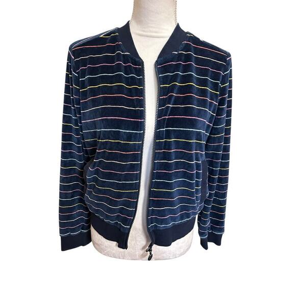 Marine Layer Navy Rainbow Striped Velour Auckland Full Zip Bomber Jacket - S - Picture 7 of 11